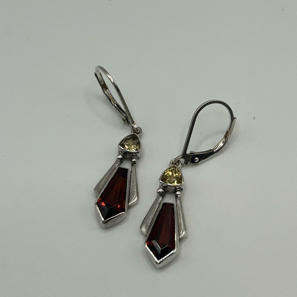 Sterling Silver Red Garnet and Citrine Drop Earrings - Picture 4 of 5